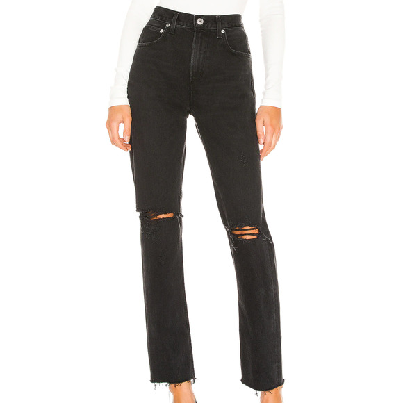 Agolde Cherie High Rise Straight Jeans Black 25x31 Busted Knee Rigid Raw Hem - Picture 4 of 12